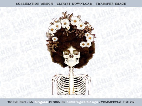 Gold Floral Afro Skeleton Clip Art: A Distinctive Design Asset