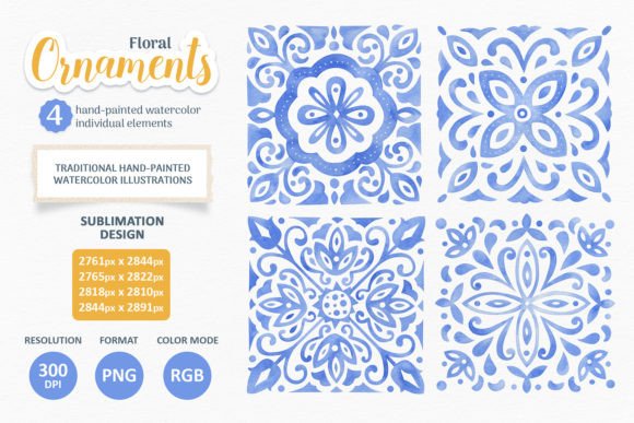 Watercolor Floral Blue Tile Ornaments: Art for Digital Design